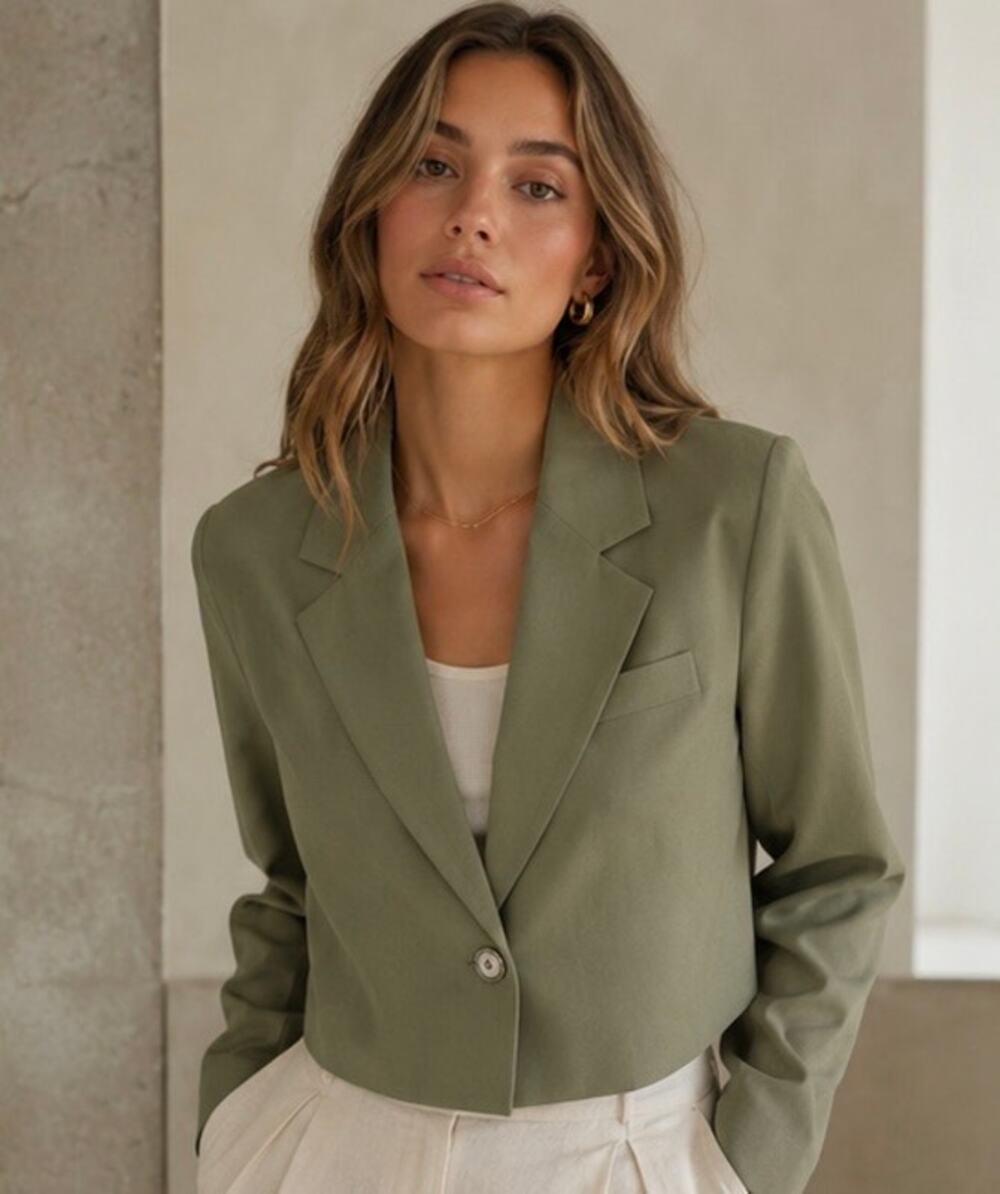 AVEC LES FILLES Cropped Single-Button Blazer — Sage Green